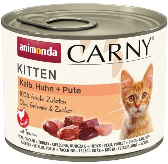 CARNY KITTEN, conservă cu Vită, Pui şi Curcan 200g