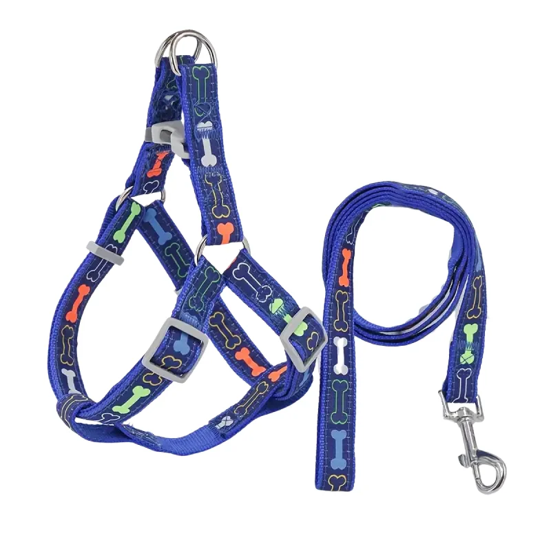 Supet Stylish Bone Pattern Dog Harness and Leash Set (Blue) - Large