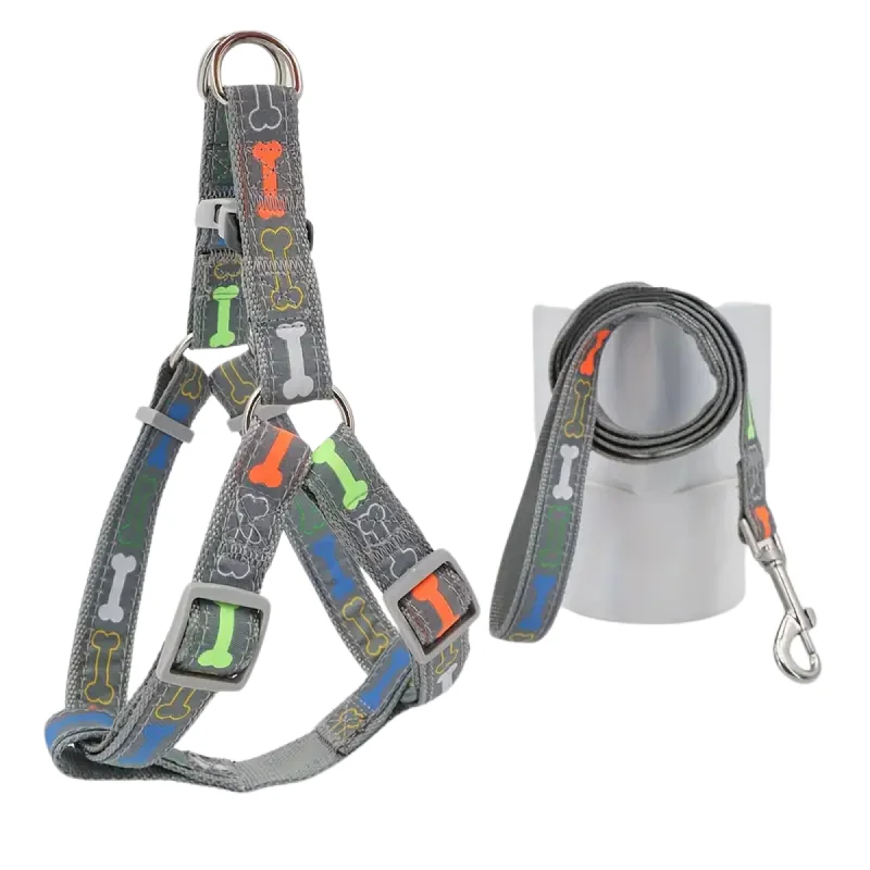 Supet Stylish Bone Pattern Dog Harness and Leash Set (Grey) - Small