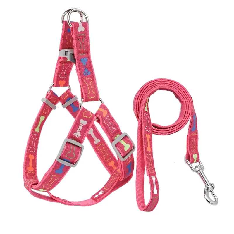 Supet Stylish Bone Pattern Dog Harness and Leash Set (Pink) - Medium