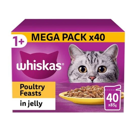 Whiskas | Wet Cat Food Pouches | Adult | Poultry Feasts in Jelly - 40 x 85g