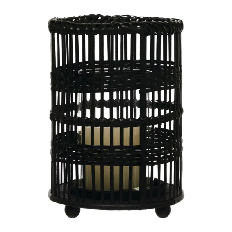 Woven Rattan, Bamboo & Glass Candle Holder, Black